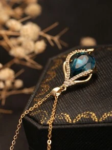 1pc Stainless Steel Drop Pendant Necklace, 18K Gold Color With Blue Artificial Zirconia Flame Design, Suitable For Women Party And Daily Wear