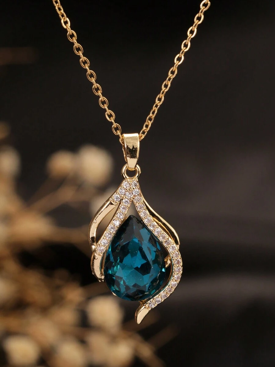 1pc Stainless Steel Drop Pendant Necklace, 18K Gold Color With Blue Artificial Zirconia Flame Design, Suitable For Women Party And Daily Wear