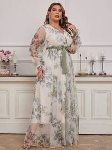 Plus Size Floral Print V-Neck Spliced Mesh Modest Long Sleeve Dress - Apricot - View 5