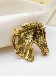 1 pieza Broche Vintage Retro de cabeza de caballo de metal dorado, Pasador de solapa de estilo europeo y estadounidense unisex con diseño de animal