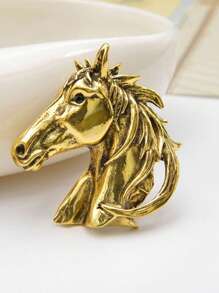 1 pieza Broche Vintage Retro de cabeza de caballo de metal dorado, Pasador de solapa de estilo europeo y estadounidense unisex con diseño de animal