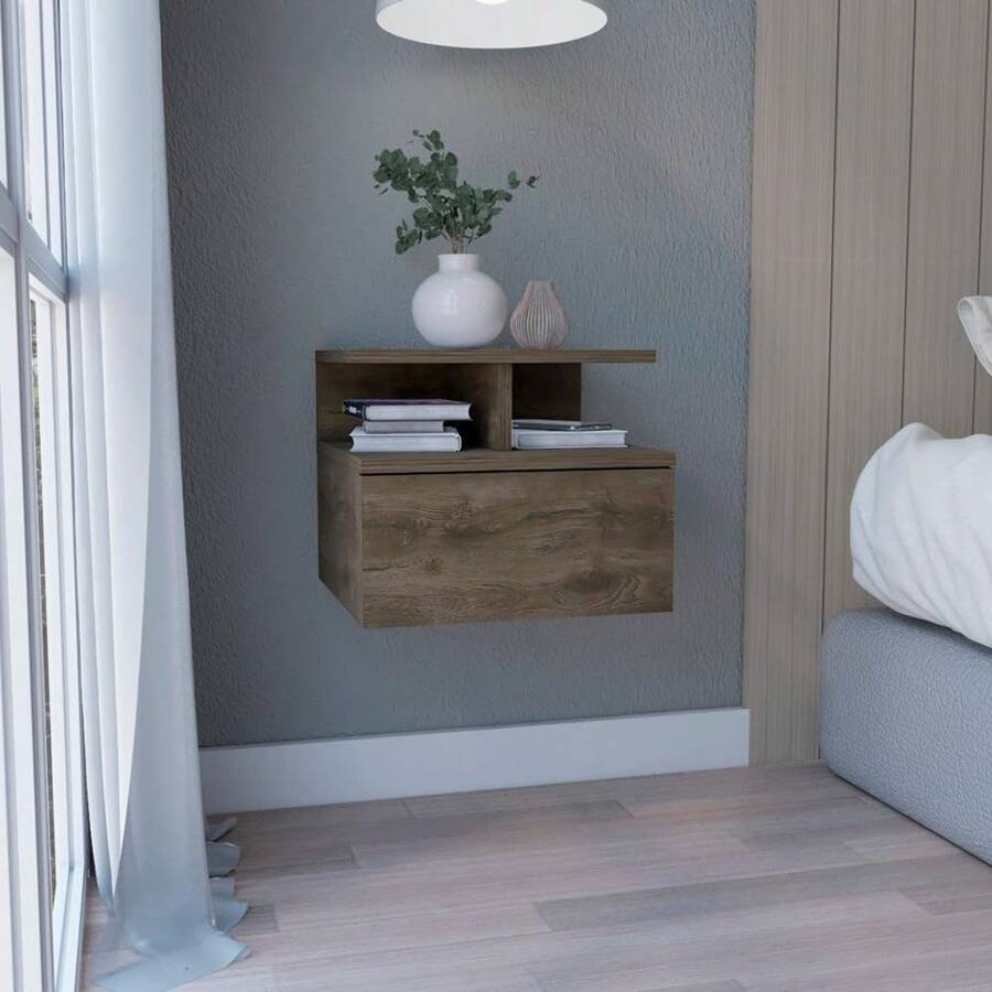 Floating Nightstand 12" H, Wall Mounted With Single Drawer And 2-Tier Shelf, Black Wood Nightstand - Caramel - C - View 1