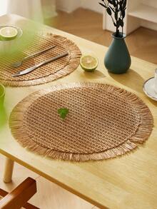 Fringe Paper Woven Round Placemat For Dining Table, Living Room, Homestay - Beige - View 6