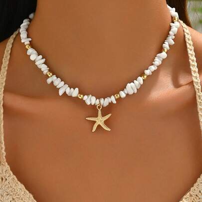 1pc Turquoise Beaded Necklace With Metallic Starfish Pendant, Suitable For Women Daily And Travel Wear