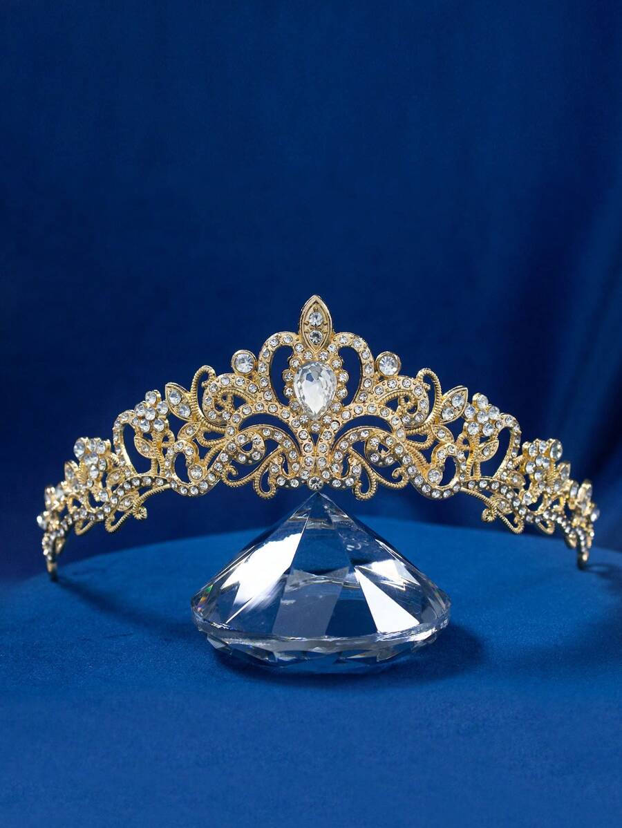 Rhinestone Decor Golden Bridal Headband For Wedding Royal Tiaras - Gold - View 1