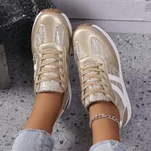 Women's Sports Shoes With Gold Sequins On The Side Of The Shoes, Willow Leaf Pattern, Double Stripes On The Side To Modify The Casual Style, Fashionable And Versatile, Non-Slip And Wear-Resistant Flat-Bottomed Low-Top Round-Toed Casual Sports Shoes, Suitable For Travel, Daily Wear, And Commuting - Gold - View 4