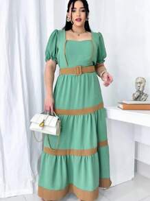 Women's Long Striped Dress With Removable Belt - Màu xanh Ô liu - Xem 4