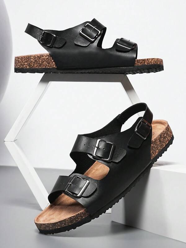 Sandálias planas femininas com alça de fivela ajustável, sola de cortiça macia, chinelos confortáveis de praia ao ar livre no verão, sapatos de casal unissex de cor sólida