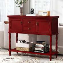 Console Table With 2 Drawers, Retro Entryway Table With 2 Door Cabinets And Open Storage Shelf, Narrow Long Sofa Table, Behind Couch Table For Living Room, Foyer And Hallway - 紅色 - 查看 7