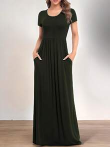 Vestido De Manga Corta Y Cuello Redondo Casual Para Mujer - Verde militar - Ver 2