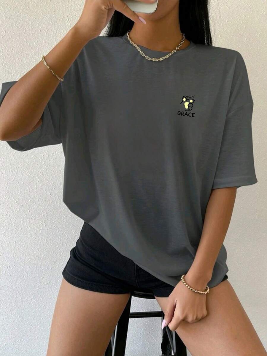 Oversized Women's Casual Off Shoulder 100% Cotton T-Shirt With Paw And Animated Letter Print - 深灰色 - 查看 1