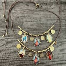 1pc,  Virgin Mary Jesus And Baby Necklace Oval Shape Glass Cabochon Photo Dome Long Cord Choker Collar Christian Jewelry