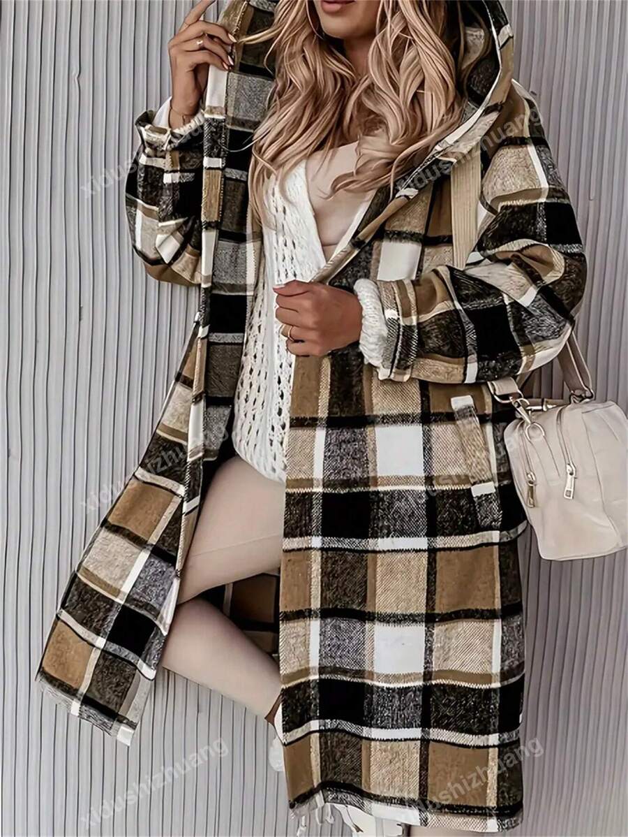 Women's Casual Plaid Hooded Trench Coat, Autumn/Winter