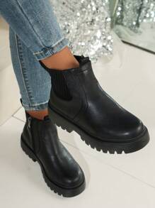 Fall/Winter 2025 Women's Ankle Boots With Elastic And Side Zipper, Black Platform Boots Motorcycle Boots Hoodies Fashion Boots - Black - View 2