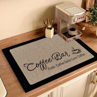 1pc Linen-Like Coffee Print Bar Mat, Drainage Mat, Coffee Maker Diatomite Drainage Mat, Soft Rubber Drainage Mat, Anti-Slip, Super Absorbent And Durable Dish Drying Mat, For Countertop, Restaurant, Kitchen, Patio Dining Table Decor, Home Kitchen Supplies, Christmas Countertop Decor Mat