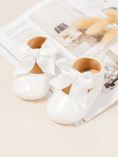 1 Pair Baby Girls Solid Color Bow Hook-And-Loop Design Soft Sole Breathable Prewalker Shoes,Cute & Sweet Princess Style,Suitable For Spring & Autumn,0-15 Months