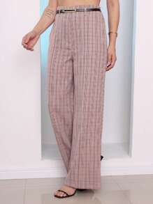 Domi Modas- Pantalona Pantalona Zr Plaid High Waist Fake Pockets Tailoring X8028 - Red - View 3