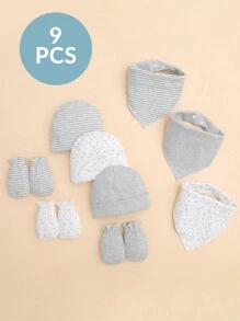 momscare 9 Piece Newborn Hat Set With Bib, 3-Piece Hat Set, 3-Piece Hood, And 3-Piece Set With Star And Moon Patterns