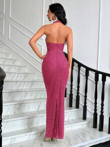 QOQ Wunderschönes, elegantes Hot Drill-Abendkleid für Damen mit Strass-Dekoration für formelle Abendpartys, Cocktailpartys, Galas, einfarbiges, schmales, langes Neckholder-Kleid - Heißes Pink - Übersicht 4