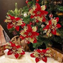 5 pièces Première classe, décorations de fleurs artificielles rouges de Noël, décoration de couronne d'arbre de Noël, sélection de fleurs scintillantes pour la décoration de Noël, Nouvel An, mariage et fête. - Multicolore - Voir 1