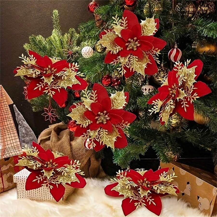 5 pièces Première classe, décorations de fleurs artificielles rouges de Noël, décoration de couronne d'arbre de Noël, sélection de fleurs scintillantes pour la décoration de Noël, Nouvel An, mariage et fête. - Multicolore - Voir 1
