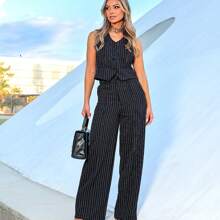 Women's Set Of Pantalona Pants And Pinstripe Vest - 黑色 - 查看 3