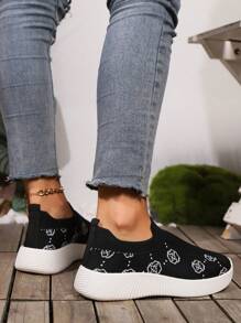 Plus Size Women's Casual New Knitted Slip-On Comfortable Printed Design Elastic Band Casual Sports Shoes