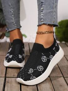 Plus Size Women's Casual New Knitted Slip-On Comfortable Printed Design Elastic Band Casual Sports Shoes
