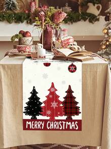 1 Stück Tischläufer mit Weihnachts-Thema, im vintage Landhausstil mit Weihnachtsbaum- und Ornament-Elementen, aus Polyester, 35x180cm, geeignet für Weihnachtsfamilientreffen & Party Tisch Dekoration, Heimdekoration, Weihnachtsdekoration, Partyzubehör