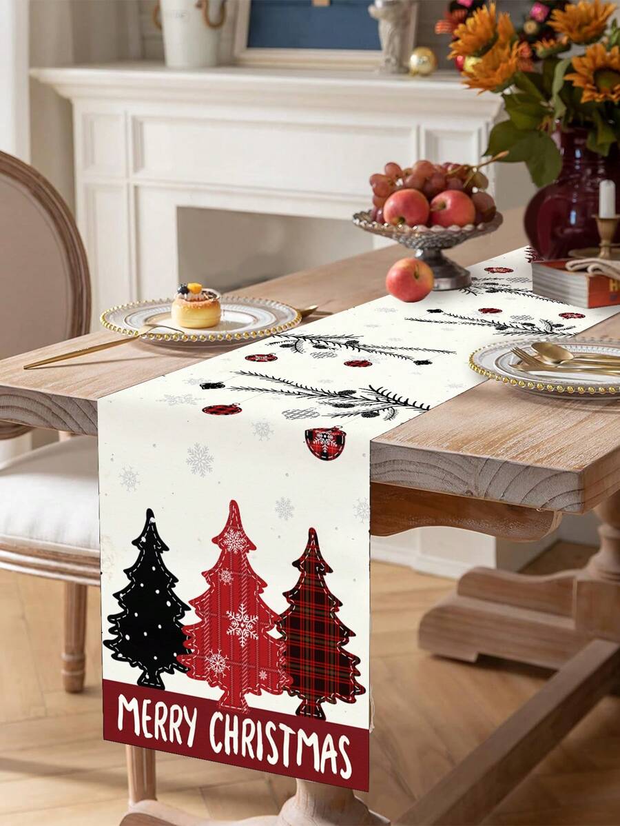 1 Stück Tischläufer mit Weihnachts-Thema, im vintage Landhausstil mit Weihnachtsbaum- und Ornament-Elementen, aus Polyester, 35x180cm, geeignet für Weihnachtsfamilientreffen & Party Tisch Dekoration, Heimdekoration, Weihnachtsdekoration, Partyzubehör