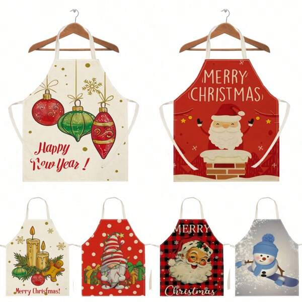 1 Stück Leinen Weihnachtsmotiv (Weihnachtsmann, Kamin, Schneemann, Kerze) Schürze für Zuhause, Küche Kochen Reinigung