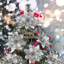 5 pièces Première classe, décorations de fleurs artificielles rouges de Noël, décoration de couronne d'arbre de Noël, sélection de fleurs scintillantes pour la décoration de Noël, Nouvel An, mariage et fête. - Multicolore - Voir 6