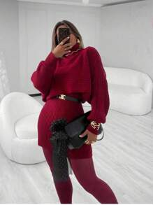 Long Sleeve Knitted Set With Short Skirt - Redwood - View 3