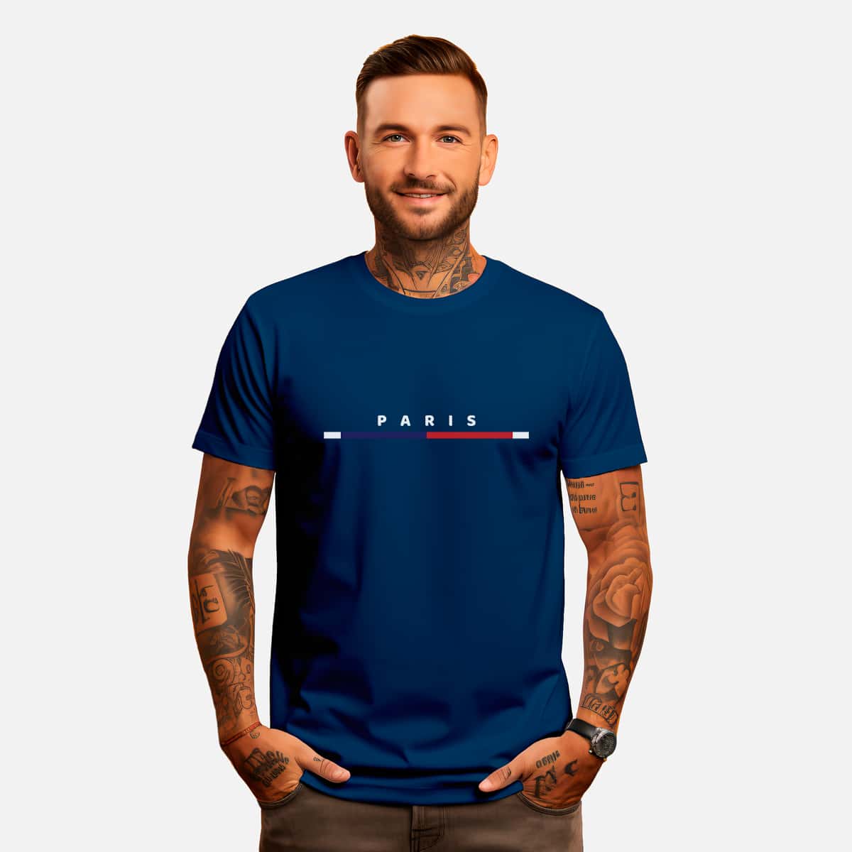 Basic 100% Cotton Streetwear T-Shirt Various Colors Paris Print - 藏蓝色 - 查看 1