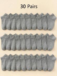 30 Pairs Children's Solid Color Classic Casual Sports Socks, Comfortable & Breathable & Suitable For Daily Wear And Back To School Season - Black - View 39