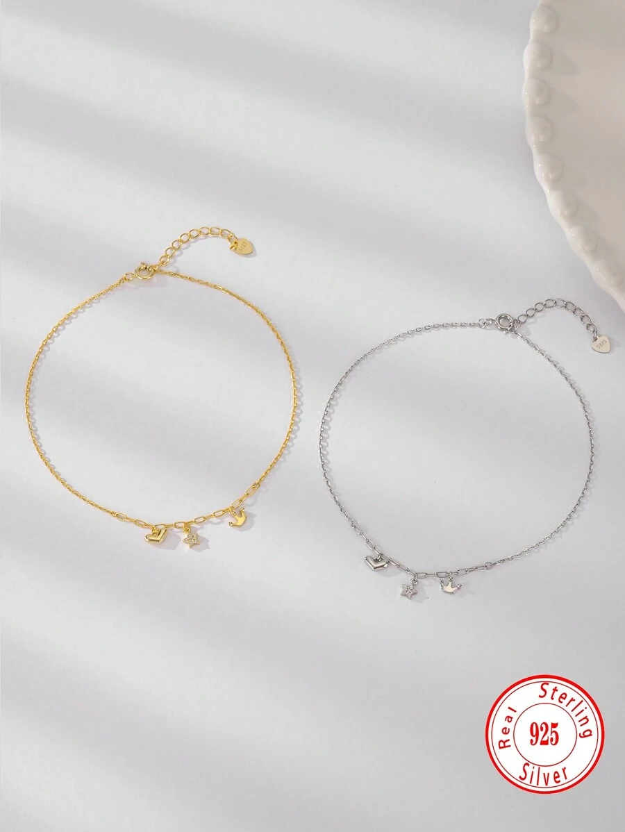 1 Stück 925 Sterling Silber Fußkettchen mit niedlichem Mini Stern, Krone und Herz Design, modisches Geburtstagsgeschenk für den täglichen Gebrauch