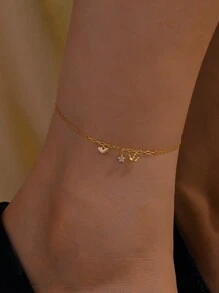 1 Stück 925 Sterling Silber Fußkettchen mit niedlichem Mini Stern, Krone und Herz Design, modisches Geburtstagsgeschenk für den täglichen Gebrauch