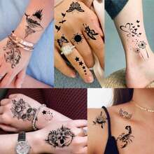 52张创意黑色小皇冠无限三角形假纹身，适用于男女逼真的星星字母纹身，成人纹身临时防水手臂手脸手指颈部纹身贴纸 - 黑色 - 查看 3