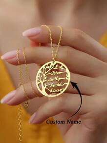 1 Stück personalisierte Lebensbaum-Anhänger Halskette für Frauen, individuell mit 1-4 Familiennamen, runde Halskette aus Edelstahl, Farbe silbrig-gold, Geschenke für Familie, Muttertags-Geschenke, Vatertags-Geschenke, individualisierte Familien-Namens-Schmuckhalskette
