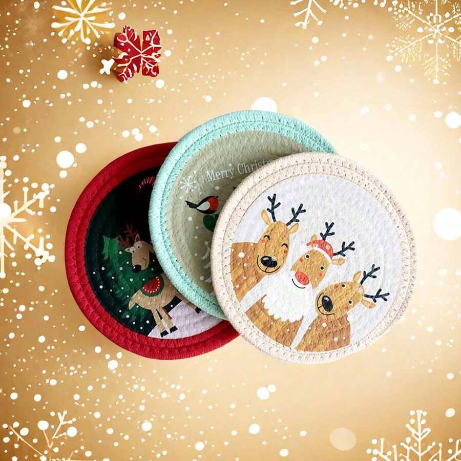 1pc Christmas Placemat, Christmas Heat-Resistant Mat, Cotton Rope Round Plate Mat, Printed Coaster - One Size - View 1