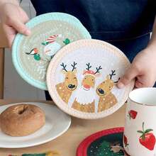 1pc Christmas Placemat, Christmas Heat-Resistant Mat, Cotton Rope Round Plate Mat, Printed Coaster - One Size - View 4