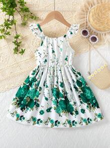 Vestido con estampado floral y mangas de volantes para niñas, estilo princesa de moda - Verde - Ver 2