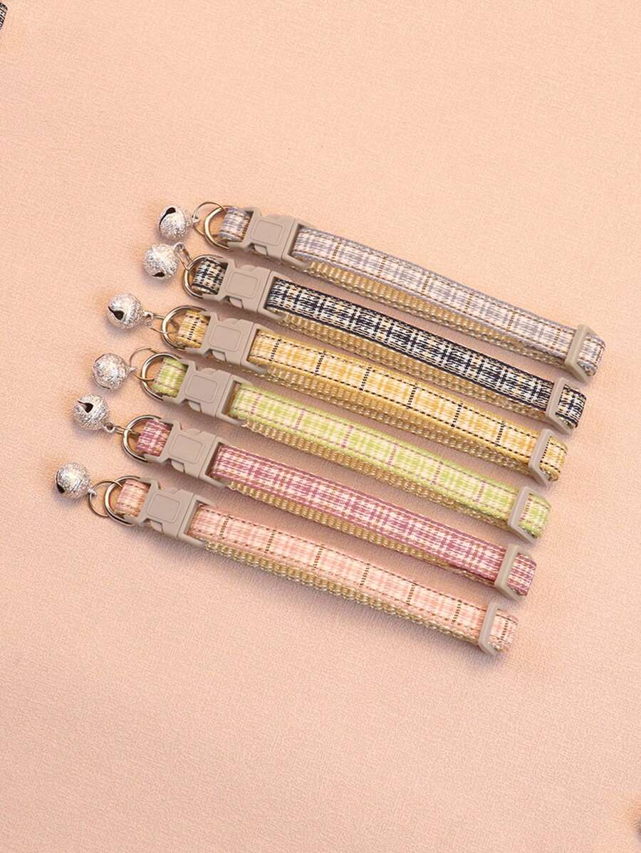 1 szt. Nowa obroża w kratę poliester w kratkę naszyjnik dla kota i psa z uroczym dzwonkiem dla małych i średnich zwierząt