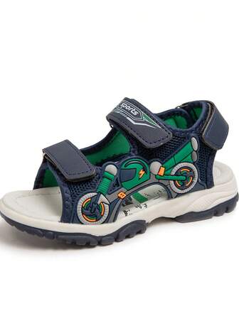Boys Fashion Sandals Motorcycle Decoration Casual Sport Style Lightweight Adjustable Elastic Round Toe Open Toe Flat Sandals Suitable For Summer