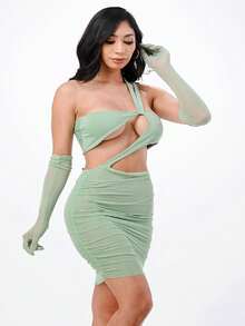 Popular It Girl Multimedia Solid Sleeveless Chest Cutout Sheer Mesh Side Ruched Midi Dress With Gloves, Popular It Girl Multimedia Vestido A Media Pierna Con Pliegues Laterales De Malla Transparente Sin Mangas Y Corte En El Pecho Liso Con Guantes, - 綠色 - 查看 2