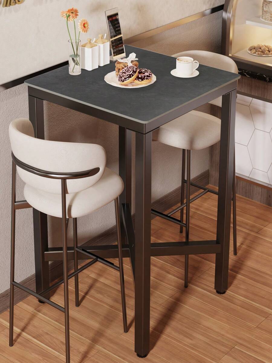 Square Kitchen Bar Table Counter Breakfast Dining Table Black Coffee Table Metal Legs With Footrest For Kitchen Dining Room Patio