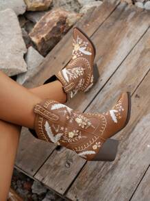 Pointed Western Style Cowboy Boots, Perfect With Mini Skirt Match Sweater, Chunky Heel High Heel Boots, Perfect With Hoodie, New Embroidered Mid-High Tube Knight Boots For Autumn And Winter Cowgirl Boots