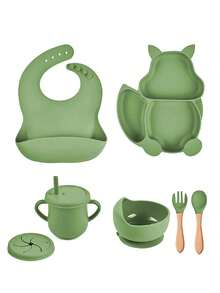 Kit 7 Baby Feeding Dish Silicone Infant Bib - A788 - màu xanh lá - Xem 1