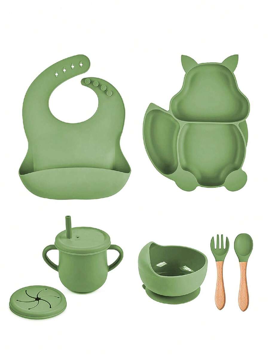 Kit 7 Baby Feeding Dish Silicone Infant Bib - A788 - màu xanh lá - Xem 1