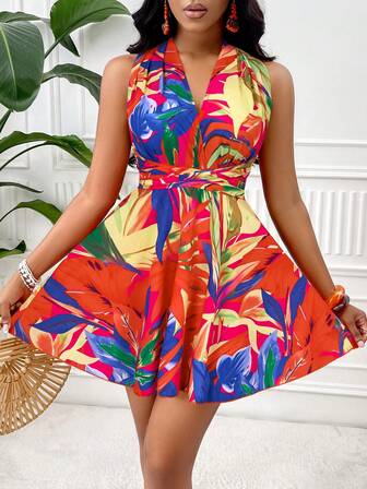 Amarilo Backless V-Neck Printed Fashion Vacation Dress (Print Style Random)